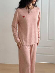 DAZY Women's Heart Pattern Long Sleeve Top And Pants Casual Daily Home Sleepwear Set - Pink - View 3