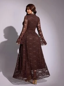 Viva Relle Romantic Lace Long Sleeve Cinched Waist A-Line Full Skirt Maxi Dress - Brown - View 2