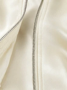 Plus Size Satin Short Baseball Jacket For Women, Contrast Striped Ribbed Collar Zipper Jacket, Casual Versatile Slimming Long Sleeve Jacket - Apricot - View 4