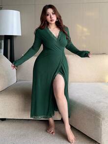 Dazy Plus 對比蕾絲性感居家服 大尺碼女款優雅中長款睡裙 - 墨綠色 - 查看 5