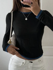DAZY 女款拼色 2 合 1 分層圓領長袖休閒街頭風度假春秋冬內搭 T 恤 - 黑色 - 查看 4