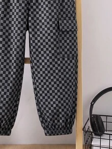 SHEIN 小男孩棋盤格工裝口袋休閒慢跑長褲 - 彩色 - 查看 4
