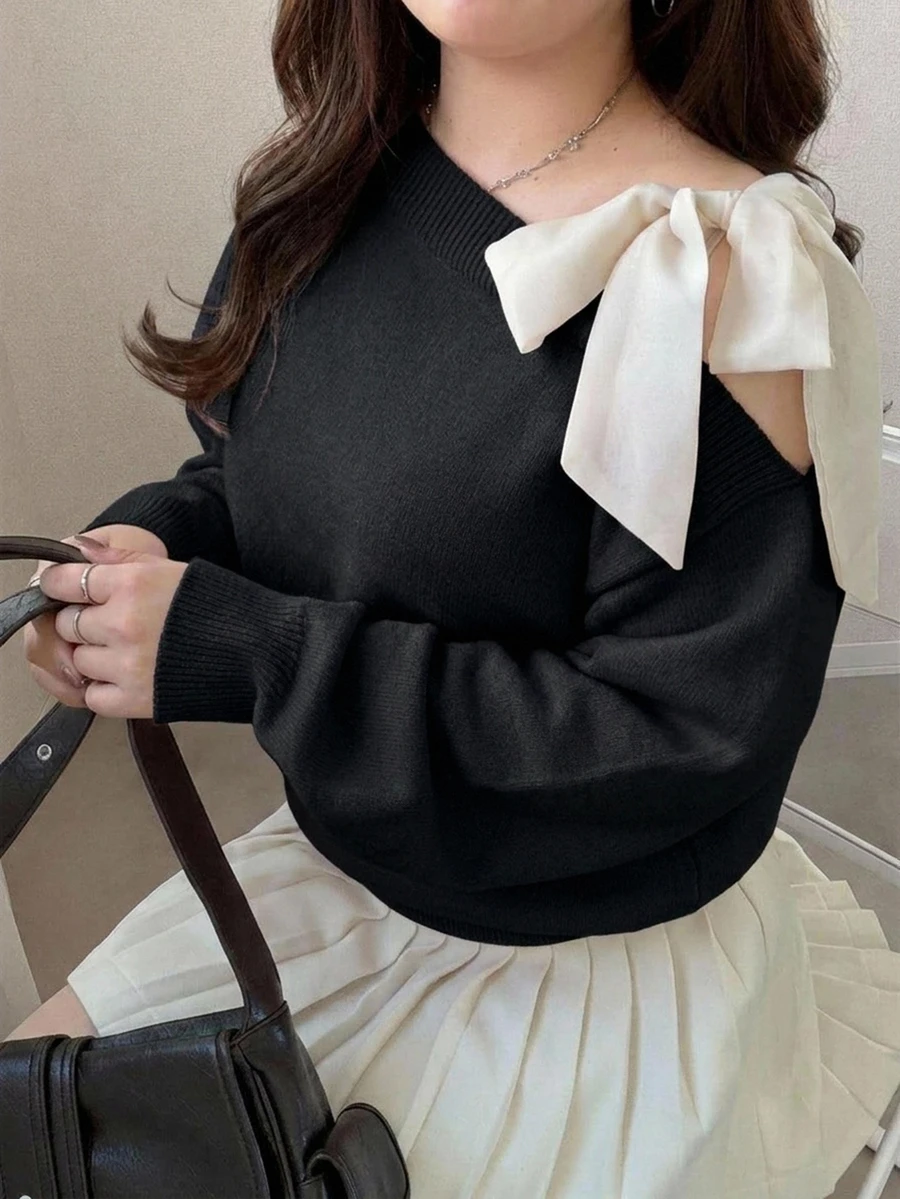 Dazy Plus Contrast Color Cold Shoulder Dropped Shoulder Long Sleeve Bowknot Loose Casual Versatile Pullover Sweater Spring Autumn New Arrival - Black - View 1