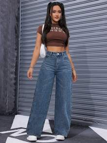 SHEIN PETITE Women's Minimalist Casual Zip-Fly Loose Straight Leg Denim Jeans,Fall/Winter,New Year Outfit ,Petite Women - Dark Wash - View 6