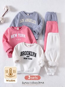 Cozy Pixies 女童兒童圖案軟綿圓領長袖套頭運動衫＋彈性長褲 6件套，百搭舒適，秋冬款 - 彩色 - 查看 8