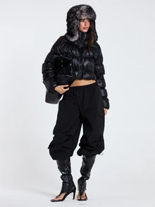 MUSERA Jaket Puffer Hitam Oversized Pendek untuk Wanita, Pakaian Kasual Musim Gugur dan Musim Dingin - Hitam - View 4