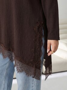 Solflare Plus Size Women's Lace Patchwork Casual Daily Long Sleeve T-Shirt - Brown - View 6