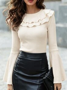 SHEIN Early Autumn Vibe Double-Layer Large Ruffle Trim Round Neck Top For Women, Exquisite Ruffle Collar Decoration, Flared Long Sleeve, Slim Fit, Ribbed Knit Pullover, Sweet & Sexy Style, Niche Design, Inner Layer Or Outer Wear - Apricot - View 1