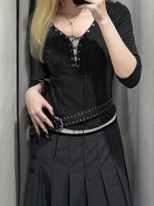 FRIFUL Women's Solid Color Tie-Front Design Slim Fit Versatile Everyday Long Sleeve T-Shirt Halloween Night Going Out Black Autumn Goth - Grey - View 4