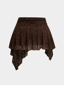 Sweetra Plus Size Women's Pleated Asymmetrical Hem Fashion Lace Skirt - Coffee Brown - View 2