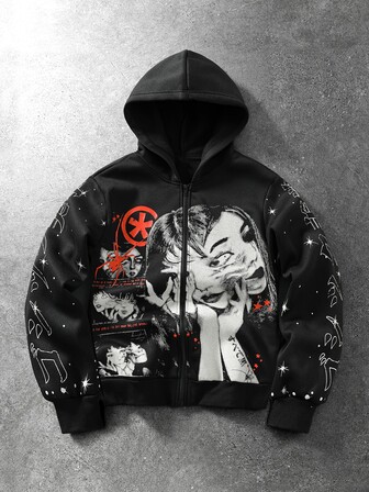 Street Life Teen Boy Dark Anime Character Graphic Print Zip-Up Sweatshirt