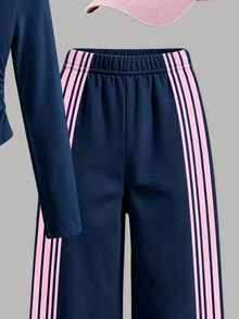 Tween Girls Bow Stripe Long Sleeve Top & Wide Leg Pants Set, Navy Blue Pink Fall Casual Outfit, 2 Pcs - Multicolor - View 4