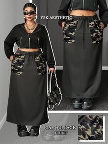 Maweii Plus Size Women's Daily Commute Dark Gray Knit Drawstring Waist Long Straight Drape Skirt, Camouflage Contrast Pocket, Added Casual Workwear Style, Back Center Slit - Grey - View 3