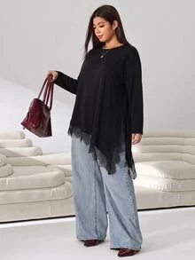 Solflare Plus Size Women Solid Color Round Neck Asymmetrical Hem Contrast Lace Casual Loose Long Sleeve T-Shirt - Black - View 5