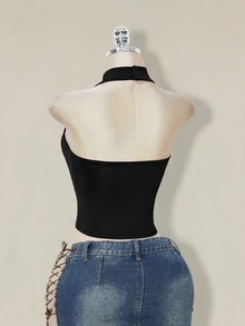 SHEIN ICON 女款純色修身百搭日常穿著掛脖式T恤 - 黑色 - 查看 7