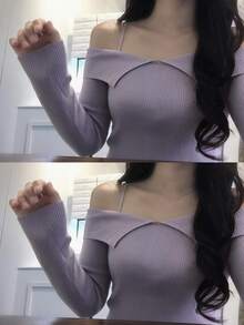 DAZY Solid Color Fitted Square Neck Long Sleeve Elegant Vacation Korean Style Autumn/Winter Knit Sweater For Women - Purple - View 4