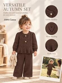 SHEIN Set Sweater Bayi, Desain Jacquard Pita Manis, Atasan Kardigan Lengan Panjang Elegan dengan Bagian Depan Terbuka Lembut dan Celana Nyaman, Eksklusif untuk Bayi Baru Lahir, Menciptakan Gaya Kasual, Sederhana Namun Modis - Coffee Brown - View 7