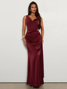 Aloruh An Elegant Magenta Satin Mermaid Dress Featuring A Sexy Open-Back Design And A Fitted A-Line Silhouette-Perfect For Evening Galas, Semi-Formal Events, - Purple - View 7