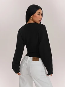 SHEIN PETITE Women's Solid Color Button Fitted Waist Knit Cardigan, Casual Everyday Wear, Autumn/Winter - Black - View 2