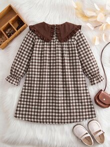 Tween Girl) Cute Autumn Long Sleeve Brown Plaid Versatile Dress - Brown - View 2