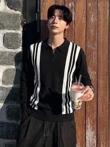 DAZY 男士時尚休閒毛衣，對比色條紋領口 - 黑色 - 查看 6