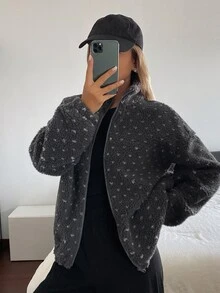 Livesso Autumn/Winter Gray Lapel Zipper Long Sleeve Slim Fit Pocket Decor Short Casual Regular Jacket For Women - Grey - View 3
