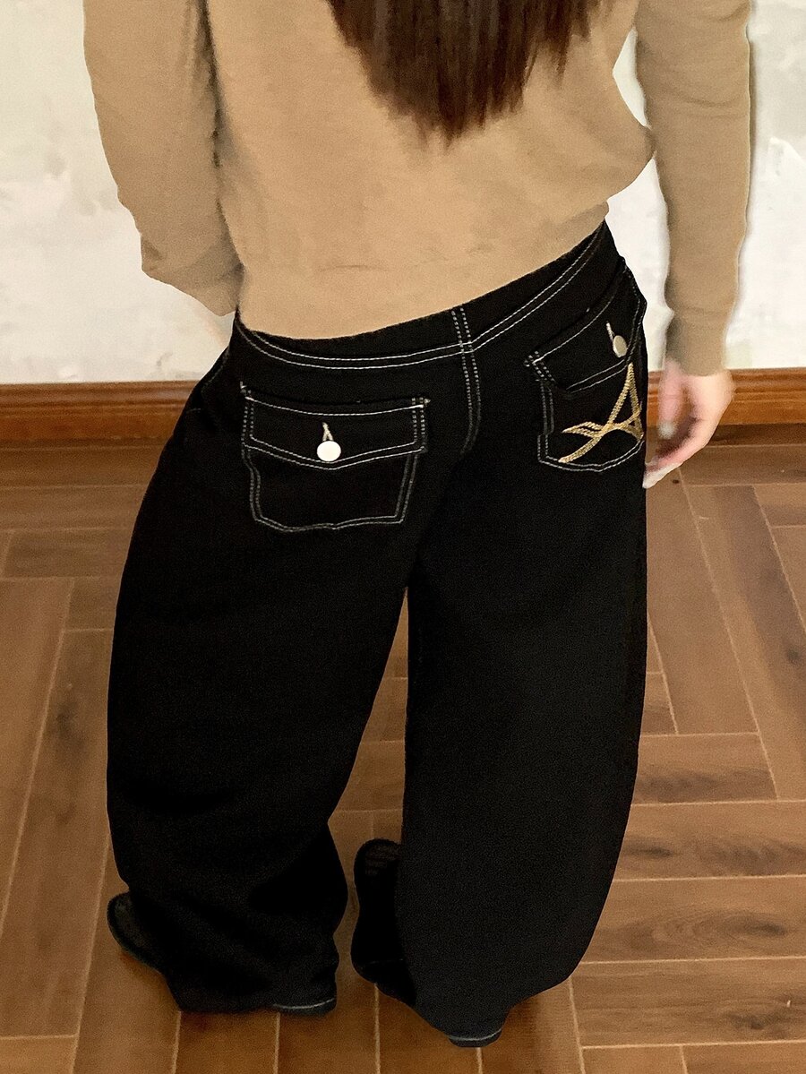 DAZY Women's Loose Casual English Letter Embroidered Korean Style Girl Aesthetic Versatile Jeans - Black - View 1
