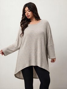 Enliva Plus Size Striped Long Sleeve Tunic Tee With Side Slit Apple - Khaki - View 4