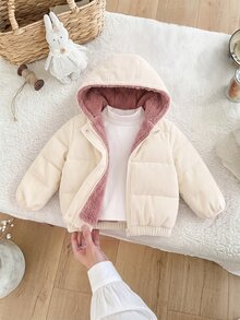 SHEIN 女嬰可愛秋冬百搭休閒保暖燈芯絨內層加厚連帽外套 - 卡其色 - 查看 9