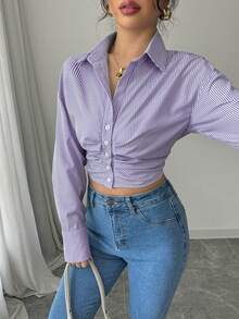 Elenzga 女款休閒條紋短版抓皺長袖襯衫，春夏秋冬女裝 - 紫色 - 查看 3
