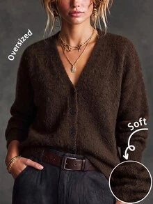 SHEIN Women's Solid Color Dropped Shoulder Long Sleeve Single-Breasted Knit Cardigan - Brown - View 5