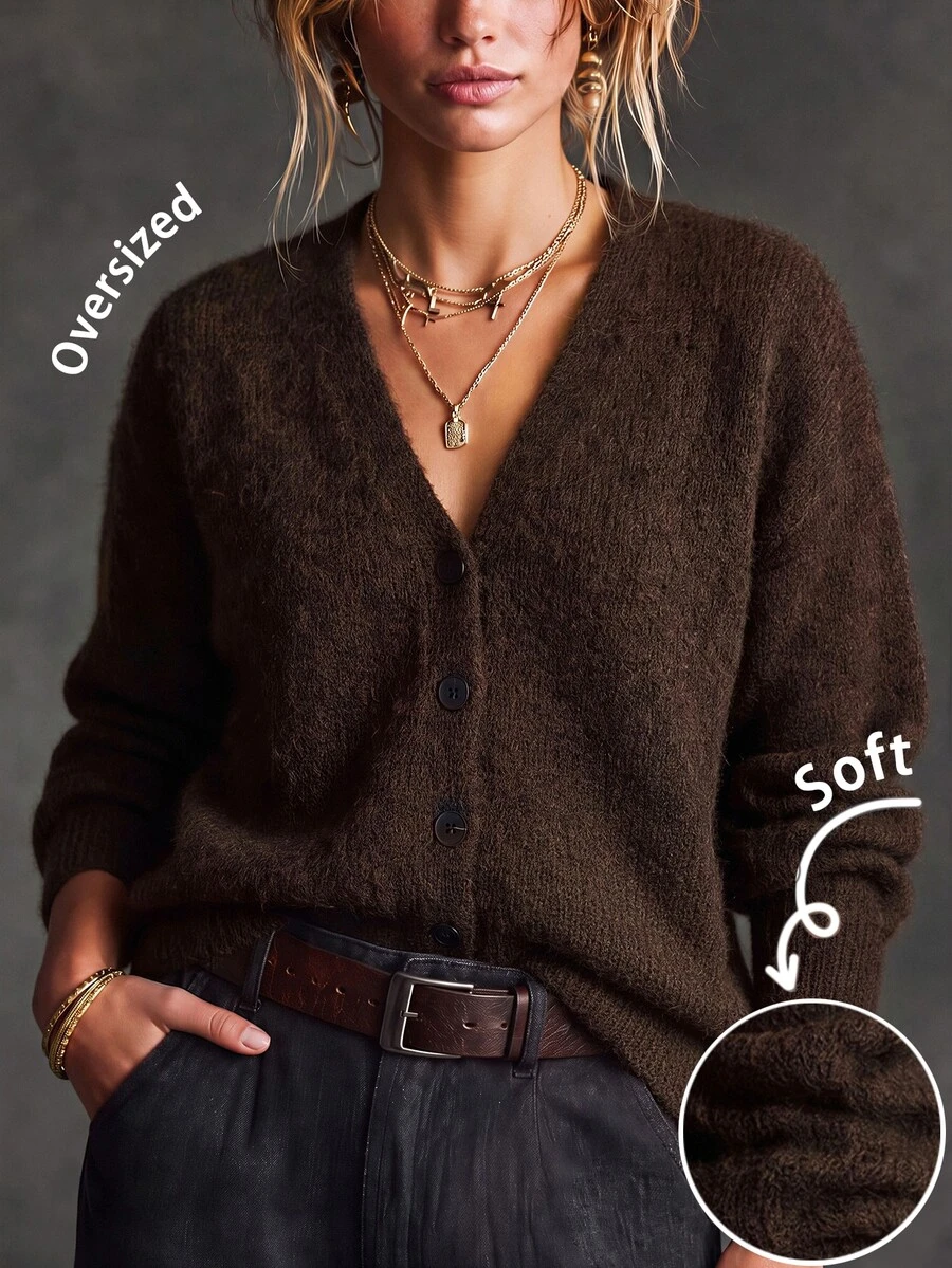 SHEIN Women's Solid Color Dropped Shoulder Long Sleeve Single-Breasted Knit Cardigan