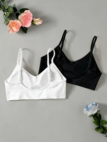 SHEIN 青少年女孩 2件組無縫加墊運動內衣內搭背心套裝，2件白色 - 黑與白 - 查看 2