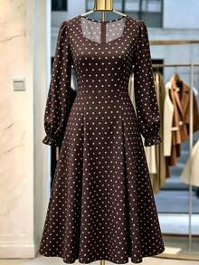 GlowEve CURVE Plus Size Autumn/Winter Polka Dot Ruched Waist Sweetheart Square Neck Ruffle Long Sleeve Dress - Brown - View 1