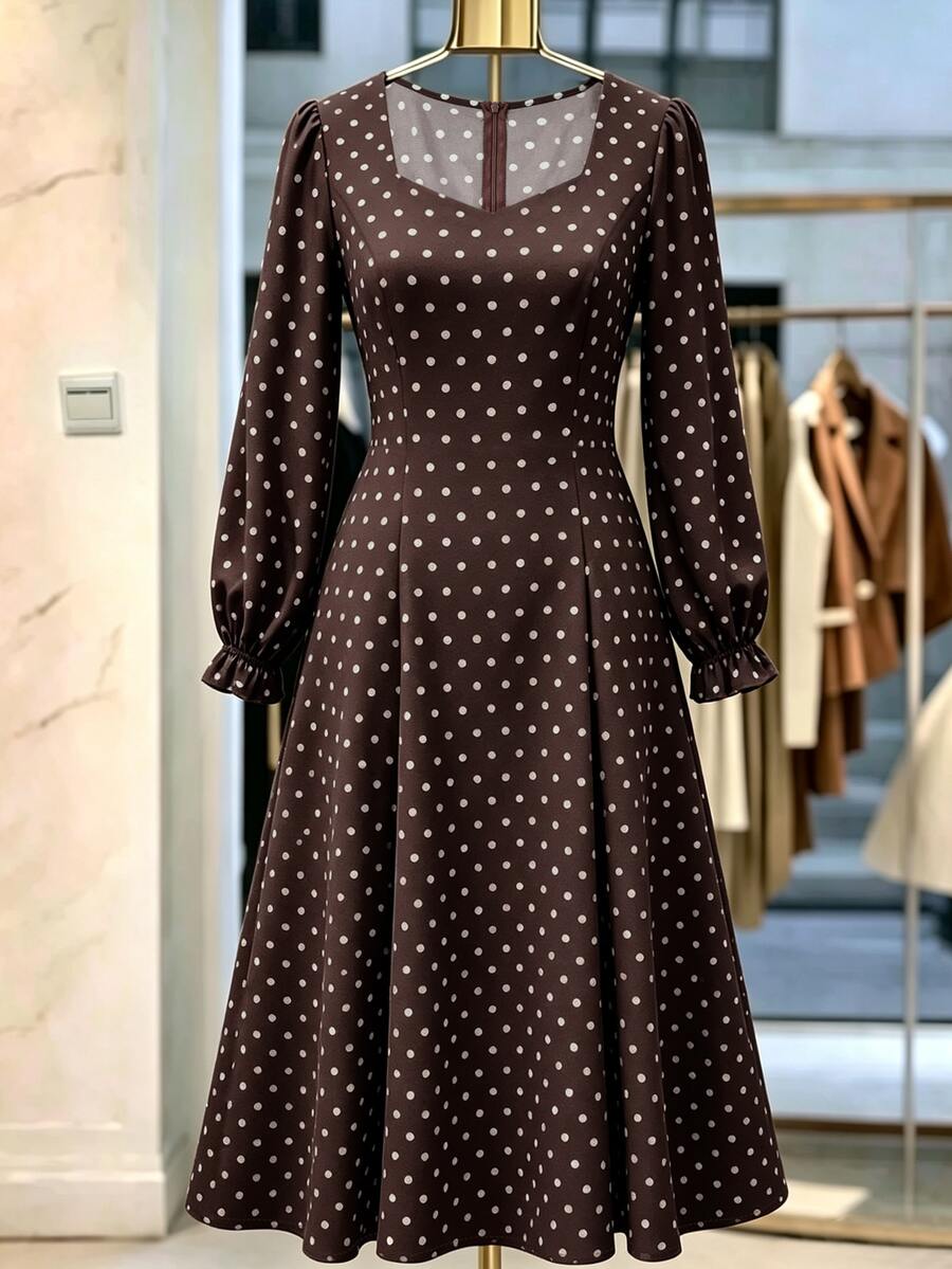 GlowEve CURVE Plus Size Autumn/Winter Polka Dot Ruched Waist Sweetheart Square Neck Ruffle Long Sleeve Dress - Brown - View 1
