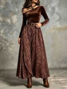 LUMIGAL Women's Elegant Printed Velvet Asymmetrical Shoulder Set - Brown - View 4