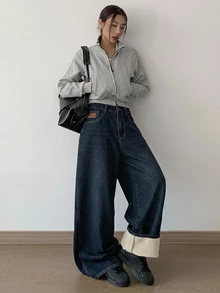 DAZY 女款時尚極簡寬鬆口袋設計牛仔褲 - 藍色 - 查看 7