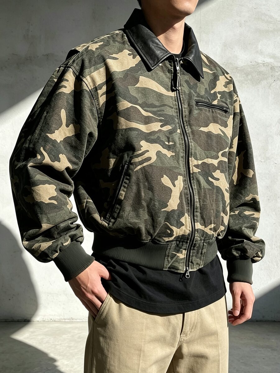 DAZY 男士迷彩軍綠領拼接PU布料短版寬鬆下擺羅紋袖口牛仔夾克,春秋款 - 彩色 - 查看 1