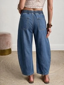 EMERY ROSE Plus Size Women's Drawstring Waist Pocket Casual Everyday Denim Jeans - Blue - View 2