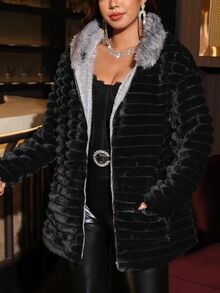 Reflora Plus Size Women's Long Sleeve Zip-Up Hooded Jacket Going Out Night Out Formal Black Winter Elegant - Black - View 3