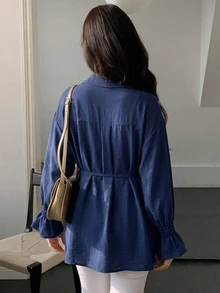 DAZY 女款純色長袖側綁帶收腰休閒通勤襯衫 - 藍色 - 查看 2
