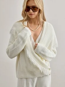 SHEIN Women Loose Fit Double Breasted Fringe Detailed White Cardigan And Sweater Pant Knit 2pcs Set - White - View 5