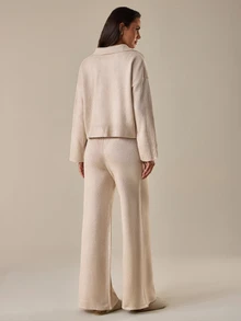 SHEIN طقم نسائي قطعتين بياقة بولو وأزرار أمامية وأكمام طويلة - كريم - مشاهدة 2