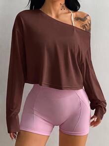 Coolane Women's Solid Color Asymmetrical Shoulder Casual Daily Long Sleeve T-Shirt - Brown - View 1