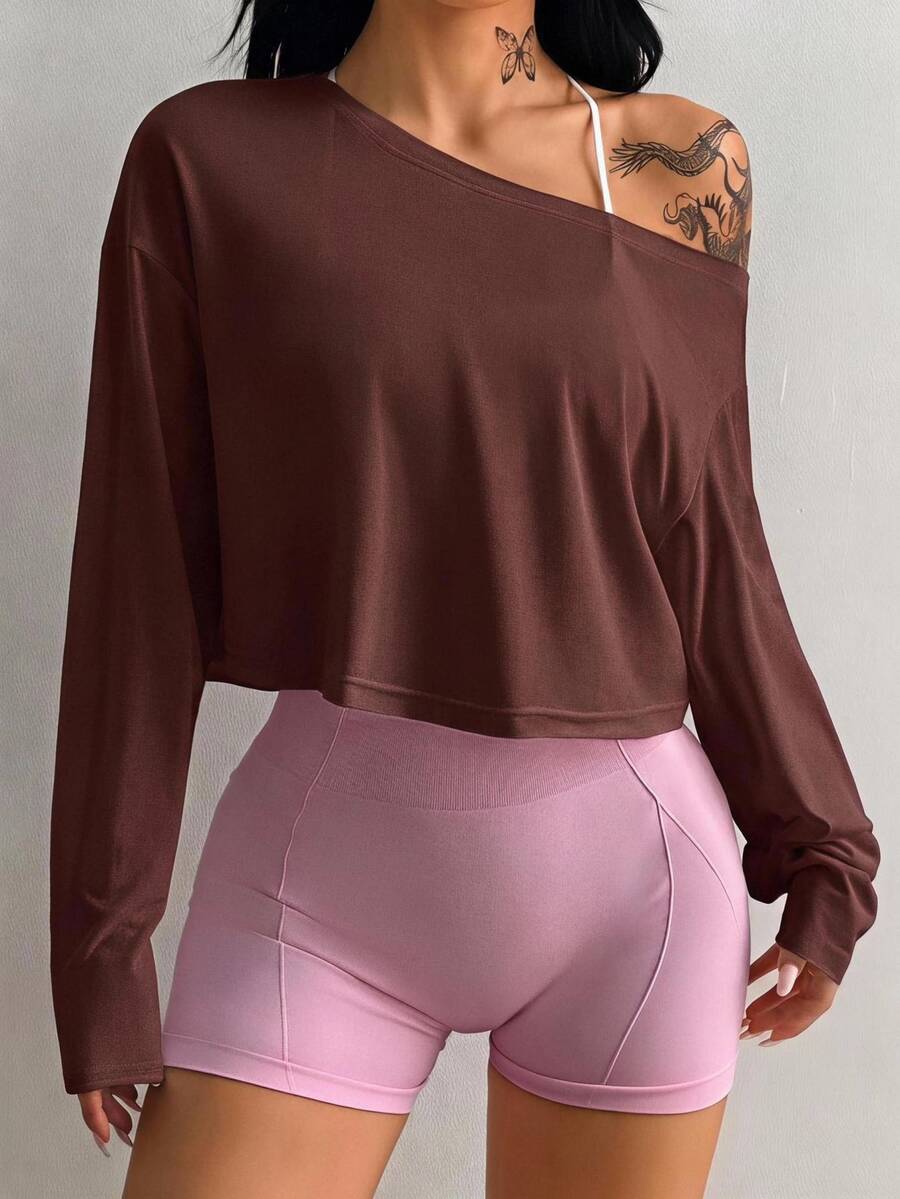 Coolane Women's Solid Color Asymmetrical Shoulder Casual Daily Long Sleeve T-Shirt - Brown - View 1