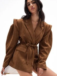 Aveloria GENKIRA 女款西裝外套 寬肩收腰 墊肩泡泡袖 繫帶腰部 尖領翻領 翻蓋口袋 現代棕色 秋冬女裝 - 棕色 - 查看 1