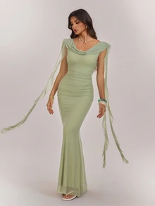 SHEIN Tall Elegant V-Neck, Draped, Ruffle-Trimmed, Slim-Fit A-Line Maxi Dress For Tall Women. - Green - View 3