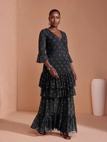 JIAN LASALA Black All-Over Print Mesh V Neck Layered Flared Sleeve Women Boho Plus Size Dress Vacation - Multicolor - View 5