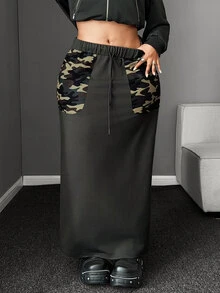 Maweii Plus Size Women's Daily Commute Dark Gray Knit Drawstring Waist Long Straight Drape Skirt, Camouflage Contrast Pocket, Added Casual Workwear Style, Back Center Slit - Grey - View 4