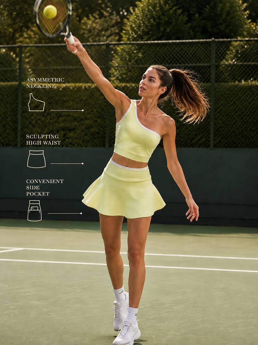 CourtClass 2 Set Light Yellow White Trim One Shoulder Skort With Built-In Shorts, A Line Flared Slim Fit, Tennis Workout Summer Casual - Light Yellow - View 1